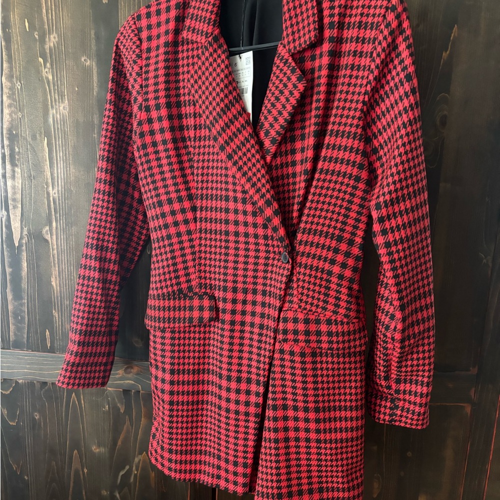 Red & Black Houndstooth Single-Button Women's Blazer Coat Dress with skort